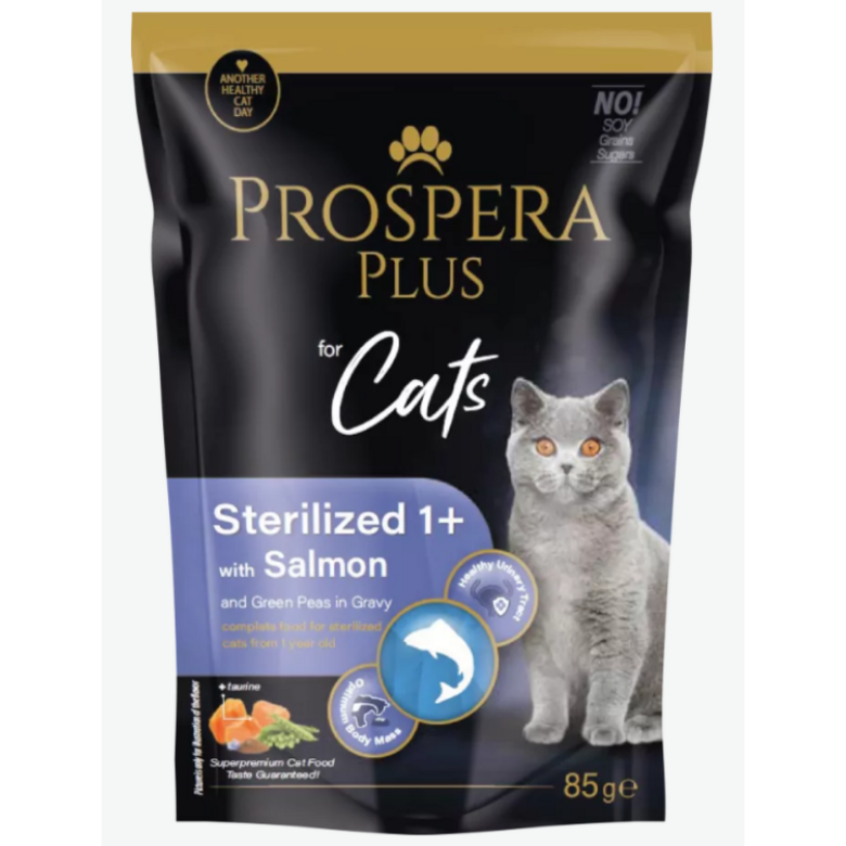 Prospera Plus Cat Pouch Sterilized 1+, Salmon and Peas, 85 g
