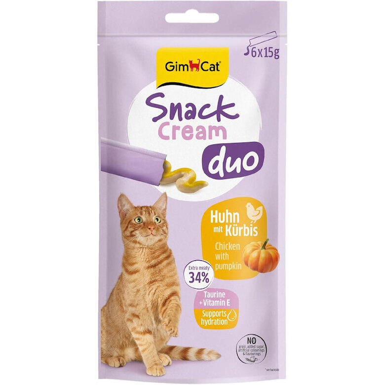 GimCat SNACK CREAM DUO CHICKEN & PUMPKIN 6x15g - krēmveida kārums pieaugušiem kaķiem  (vista ar ķirbi)