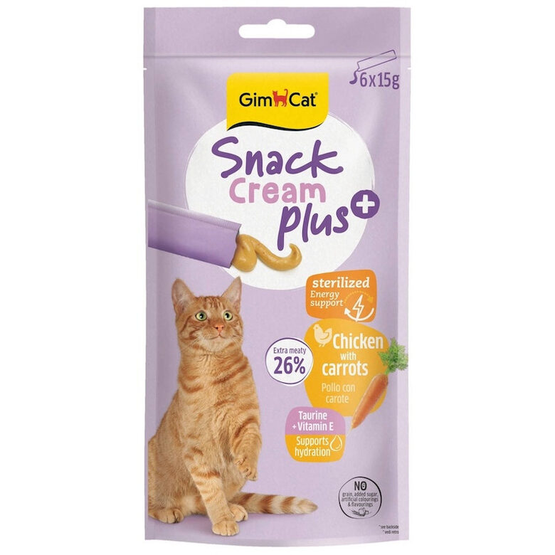 GimCat SNACK CREAM + CHICKEN & CARROT (STERILISED) 6x15g -  krēmveida kārums sterilizētiem kaķiem (ar vistu un burkāniem)
