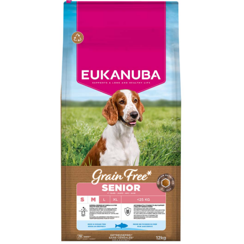 Eukanuba Senior Small & Medium, Grain Free, ocean fish 12 kg - bezgraudu sausā barība ar okeāna zivīm mazo un vidējo šķirņu senioru vecuma suņiem,