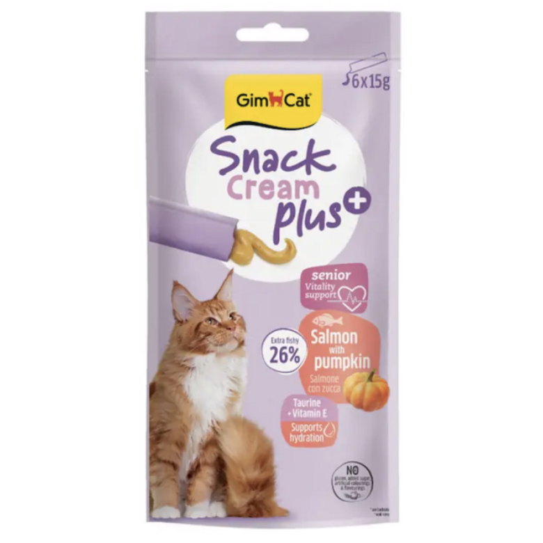 GimCat SNACK CREAM + SALMON & PUMPKIN (SENIOR) 6x15g - krēmveida kārums vecākiem kaķiem (lasis ar ķirbi)