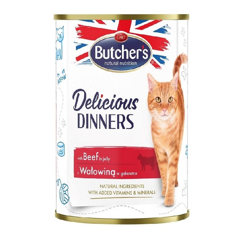 Butchers CAT Delicious Dinners with beef chunks in Jelly 400g - konservi ar liellopa gaļu želejā pieaugušiem kaķiem
