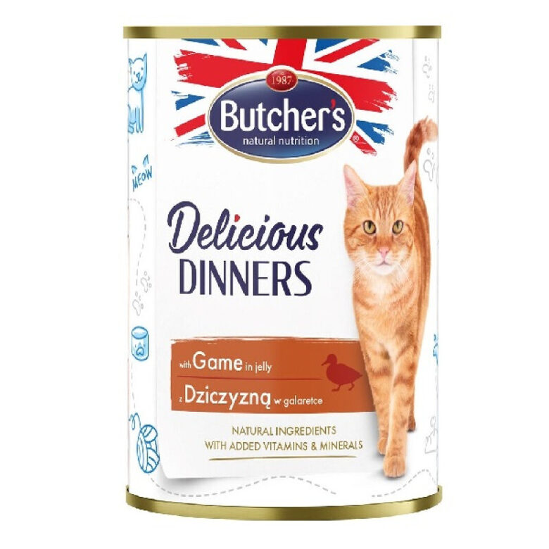  Butchers CAT Delicious Dinners with game chunks in Jelly 400g - konservi ar medījuma gaļas gabaliņiem želejā pieaugušiem kaķiem