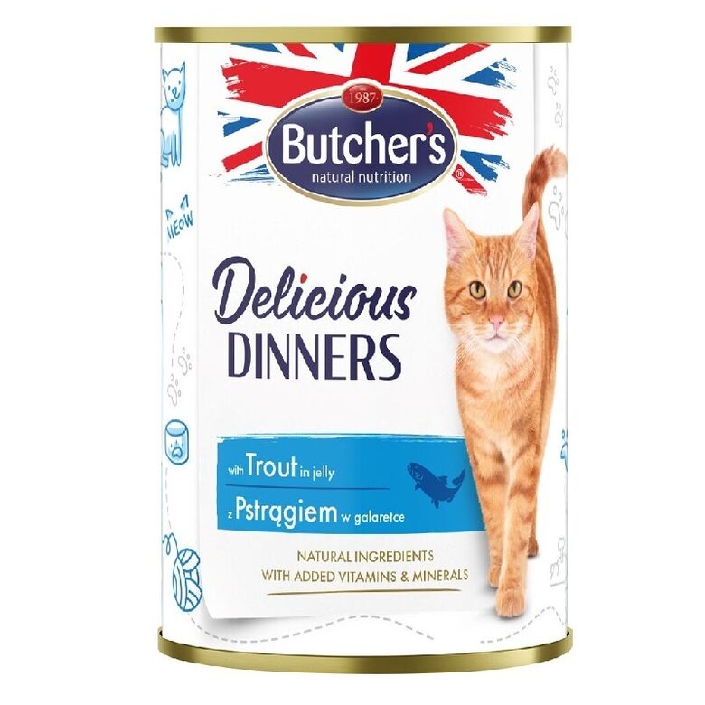  Butchers CAT Delicious Dinners with trout chunks in Jelly 400g - konservi ar foreles gaļas gabaliņiem želejā pieaugušiem kaķiem