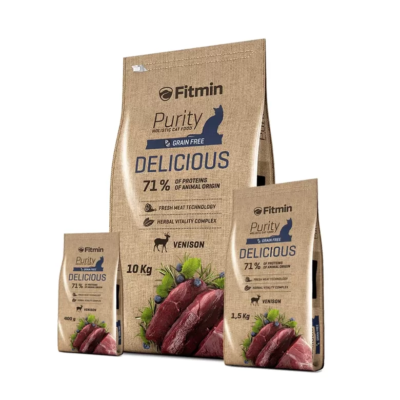 Fitmin Cat Purity Delicious 10 Kg - bezgraudu holistiskā barība ar medījuma gaļu izvelīgiem kaķiem un kaķiem ar jutīgu gremošanas sistēmu