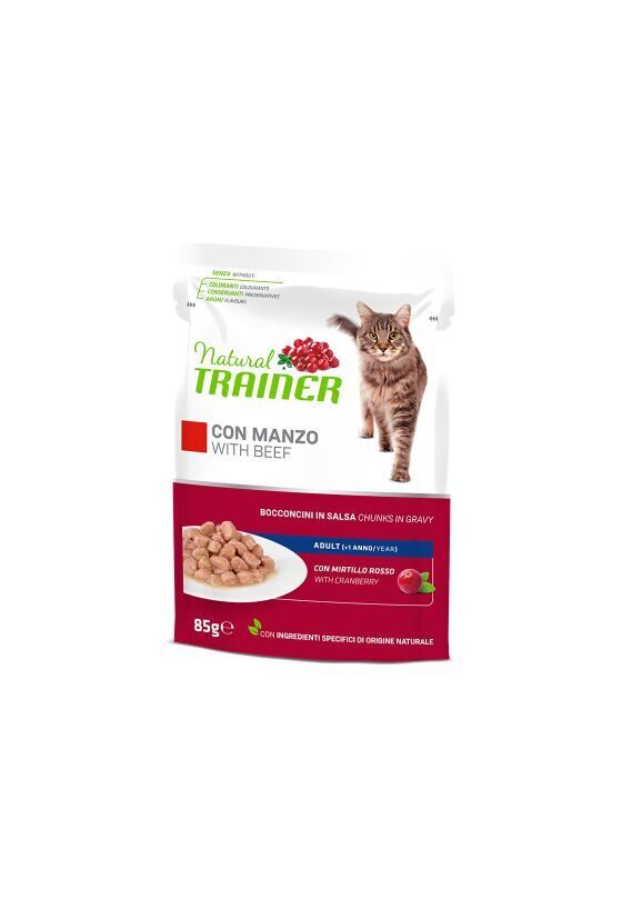 NATURAL TRAINER CAT BEEF 85G - konservi pieaugušiem kaķiem (gabaliņi želējā ar liellopu gaļu, vistas gaļu un dzērveņu lapu ekstraktu)