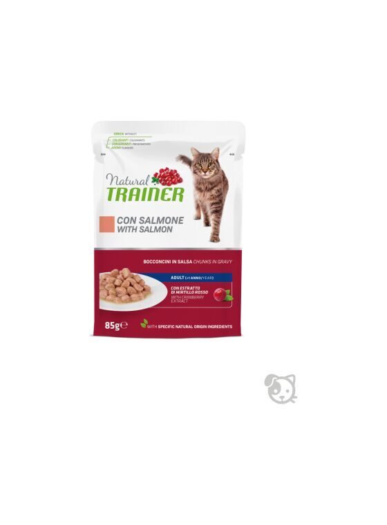 NATURAL TRAINER CAT SALMON 85G - konservi pieaugušiem kaķiem (gabaliņi želējā ar lasi, vistas gaļu un dzērveņu lapu ekstraktu)