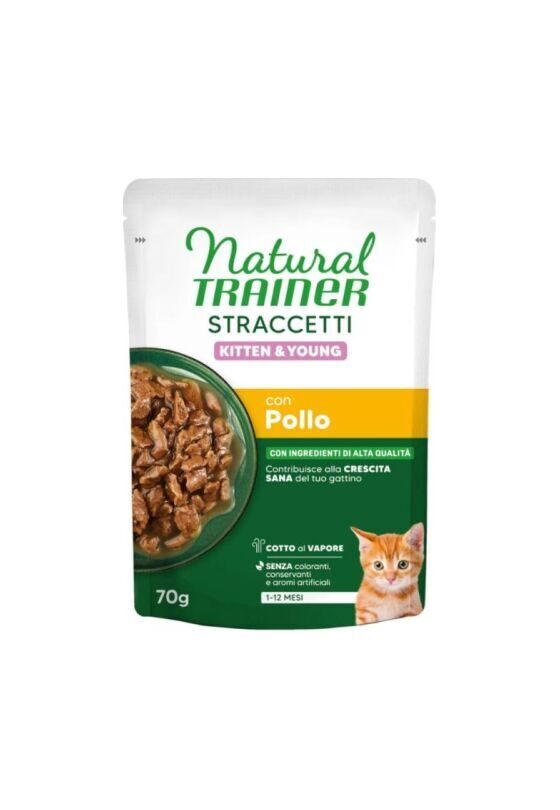 NATURAL TRAINER STRACCETTI KITTEN CHICKEN 70 G - mitrā barība kaķēniem vecumā no 1 līdz 12 mēnešiem, vistas gaļas gabaliņi mercē