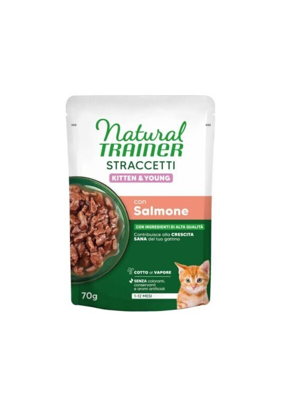 NATURAL TRAINER STRACCETTI KITTEN SALMON 70 G - konservi kaķēniem no 1 līdz 12 mēnešiem, ar lasi