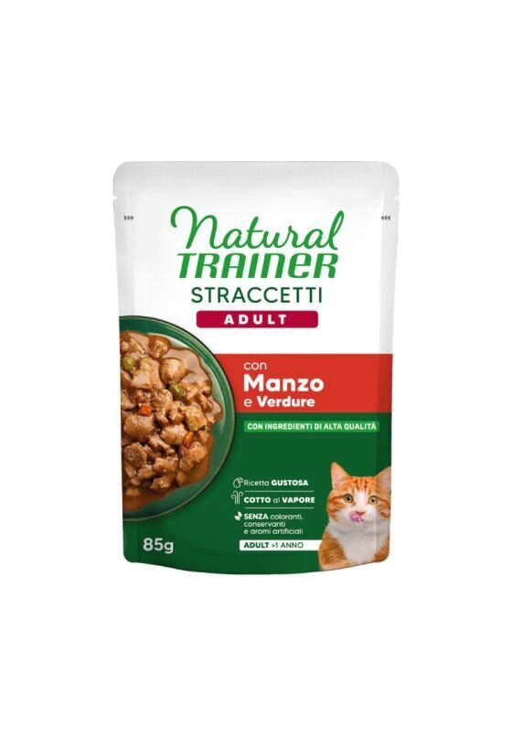 NATURAL TRAINER WET CAT ADULT BEEF 85 G - mitrā barība pieaugušiem kaķiem, liellopu gaļas gabaliņi mercē