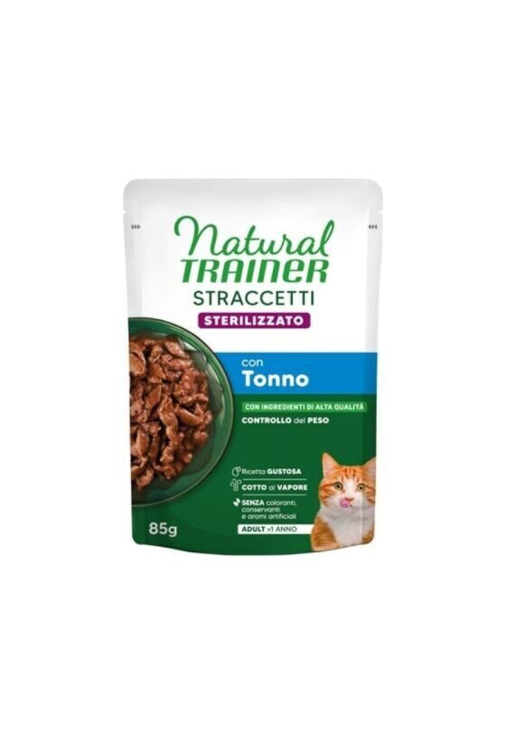 NATURAL TRAINER WET CAT STRACCETTI STERILIZED TUNA 85 G - mitrā barība pieaugušiem sterilizētiem kaķiem, gabaliņi ar tunci mercē