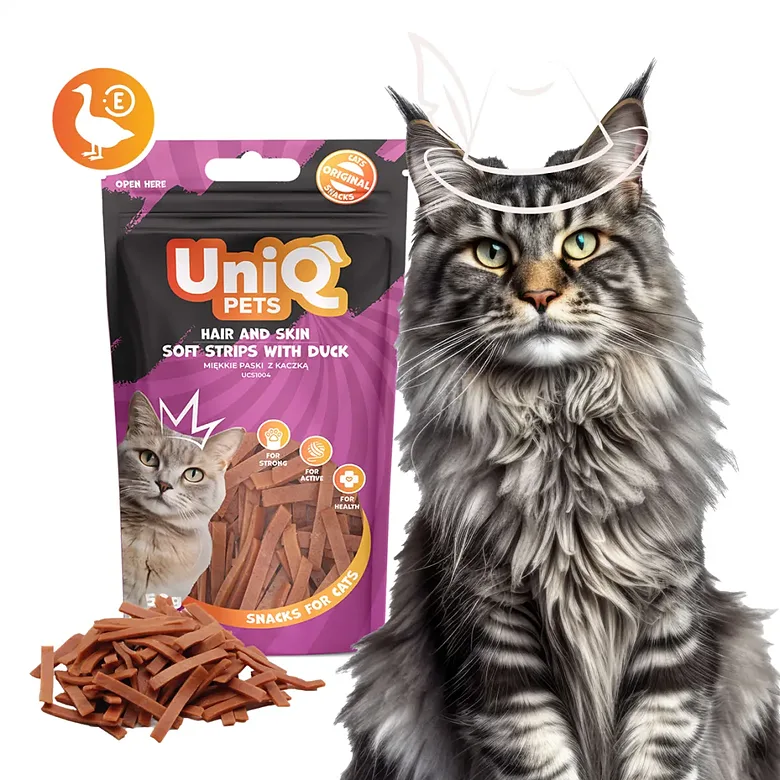 UNIQ PETS CAT SNACKS MIMI hair and skin care soft strips with duck 50g - gardums kaķiem skaistai ādai un spalvai,  mīkstās strēmelītes ar pīles gaļu un 