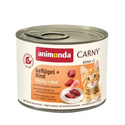Animonda Carny Kitten Poultry Beef 200g - mitrā barība ar liellopu gaļu un mājputnu gaļu kaķēniem vecumā līdz 1 gadam