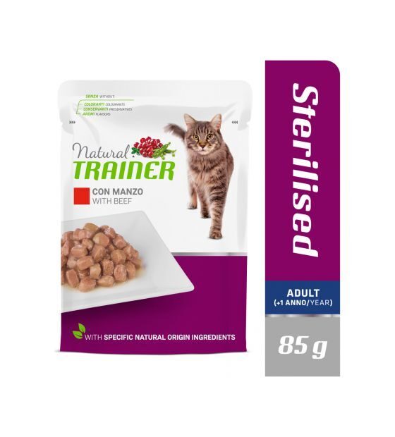 NATURAL TRAINER Cat STERILISED BEEF 85g - KONSERVI AR LIELLOPU GAĻU STERILIZĒTIEM PIEAUGUŠIEM KAĶIEM (+1gads)