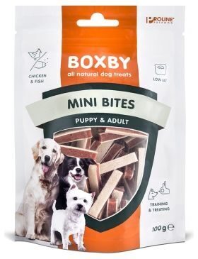 BOXBY MINI BITES PUPPY&ADULT 100gr - MINI STRĒMELĪTES KUCĒNIEM UN PIEAUGUŠIEM SUŅIEM (VISTA UN ZIVIS)