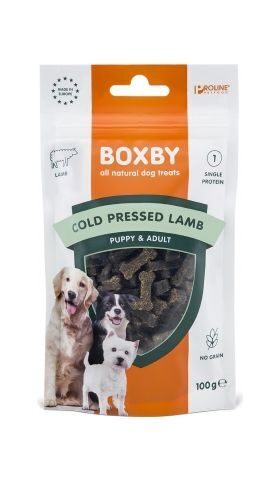 BOXBY COLD PRESED LAMB TREAT 100g - BOXBY AUKSTĀS PRESĒŠANAS GARDUMS AR JĒRA GAĻU