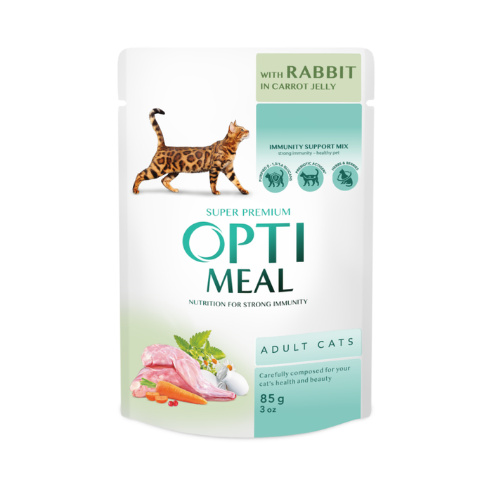 OPTIMEAL with Rabbit in Carrot Jelly 85 g - mitrā barība pieaugušiem kaķiem ar trusi burkānu želejā 