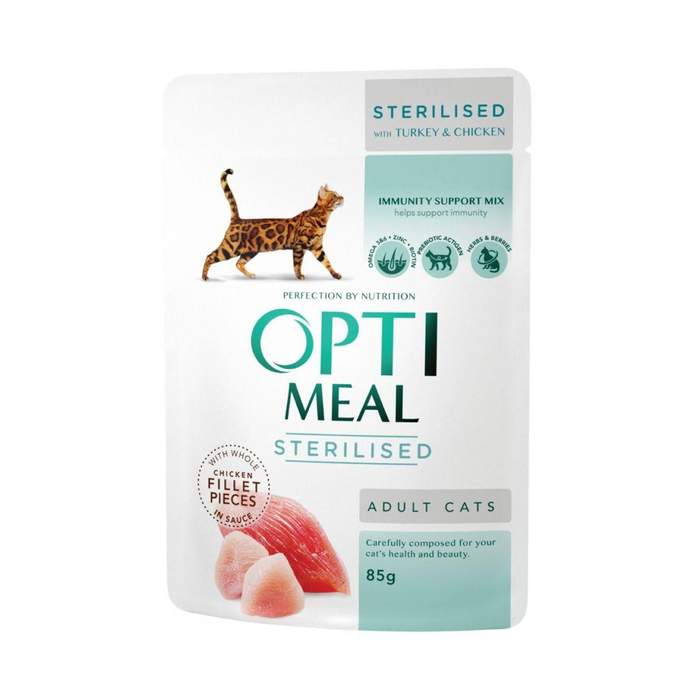 OPTIMEAL Sterilised with Turkey&Chicken 85 g - mitrā barība sterilizētiem  kaķiem ar tītara un vistas fileju mērcē