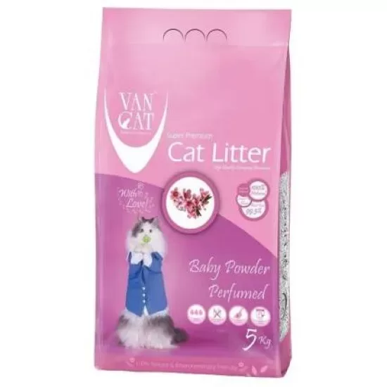 Van Cat Baby Powder 5kg - cementējošas smiltis kaķu tualetei ar bērnu pūderi 