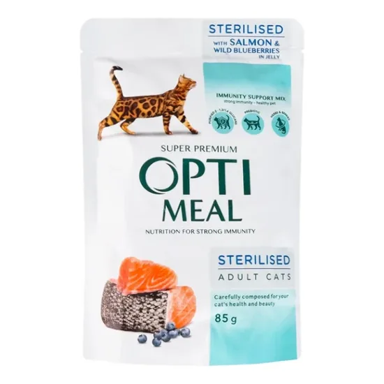 OPTIMEAL Sterilised with Salmon & Wild Blueberries 85 g - mitrā barība sterilizētiem kaķiem ar lasi un meža mellenēm želejā