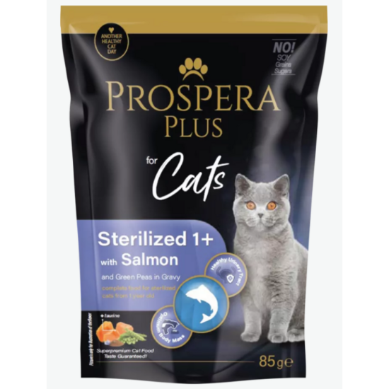 Prospera Plus Cat Pouch Sterilized 1+, Salmon and Peas, 85 g