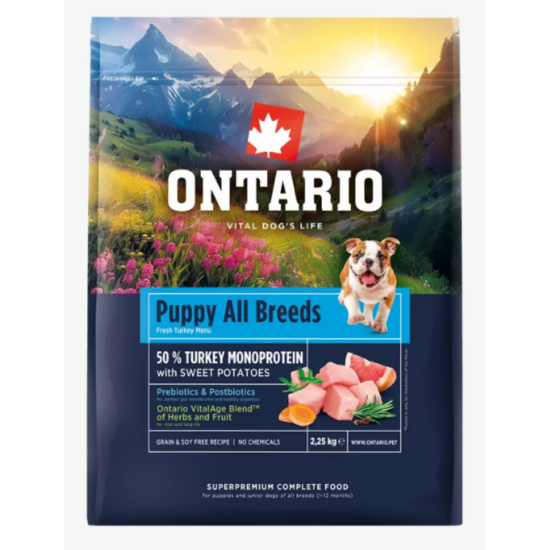 Ontario Puppy and Junior All Breeds, Monoprotein, Turkey and Sweet Potatoes, 2,25 kg
