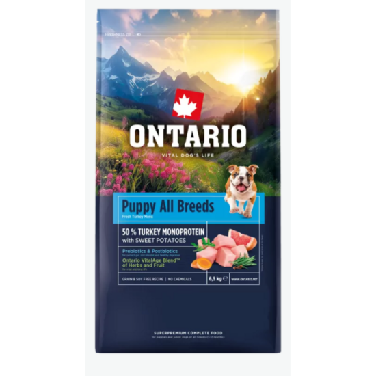  Ontario Puppy and Junior All Breeds, Monoprotein, Turkey and Sweet Potatoes, 6,5 kg