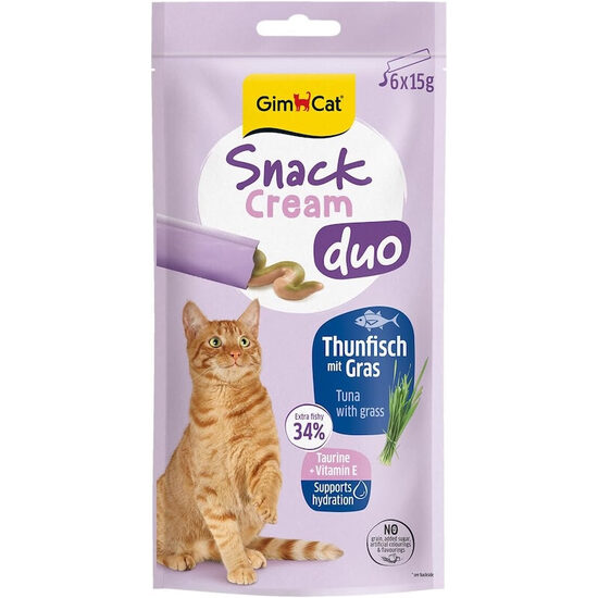 GimCat SNACK CREAM DUO TUNA & GRASS 6x15g - krēmveida kārums pieaugušiem kaķiem (tuncis ar zāli)