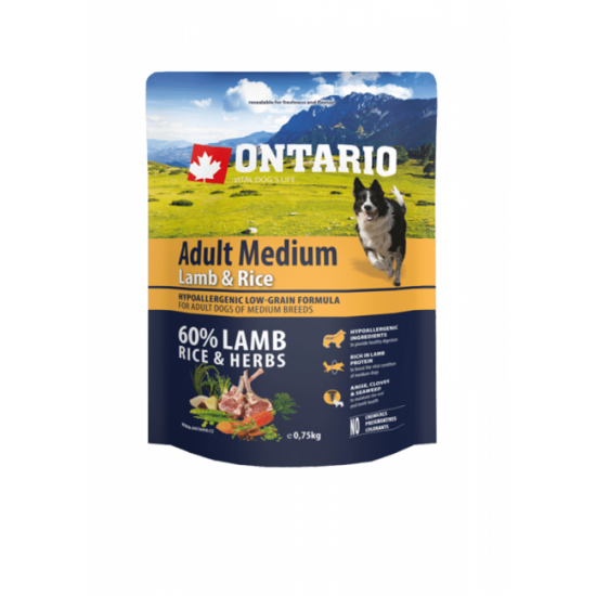  Ontario Dog Adult Medium Lamb and Rice, 0,75 kg