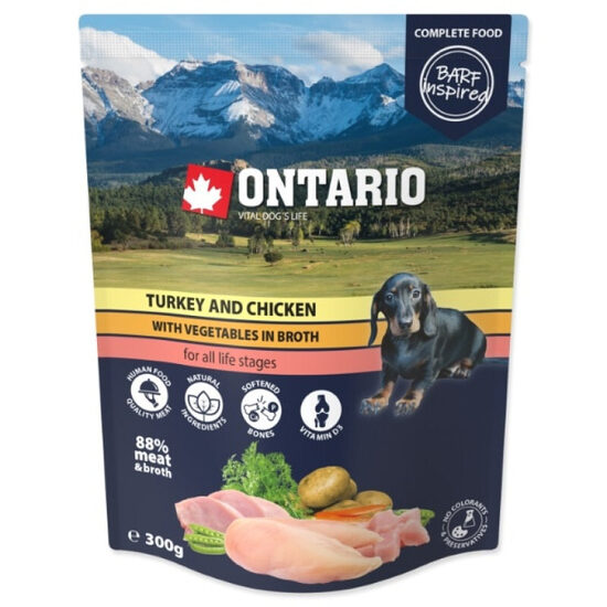 Ontario Dog Turkey, Chicken and vegetables in broth, 300 gr - konservi suņiem no 2 mēn. vecuma