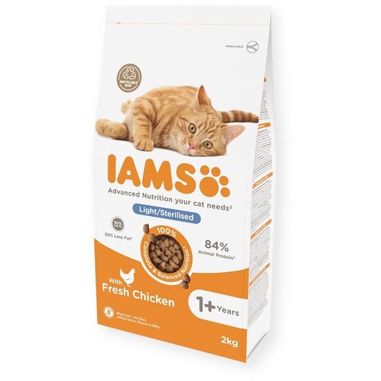  IAMS CAT ADULT LIGHT/STERILISED CHICKEN, 2 kg - sausā barība ar vistas gaļu sterilizētiem kaķiem /ar lieko svaru