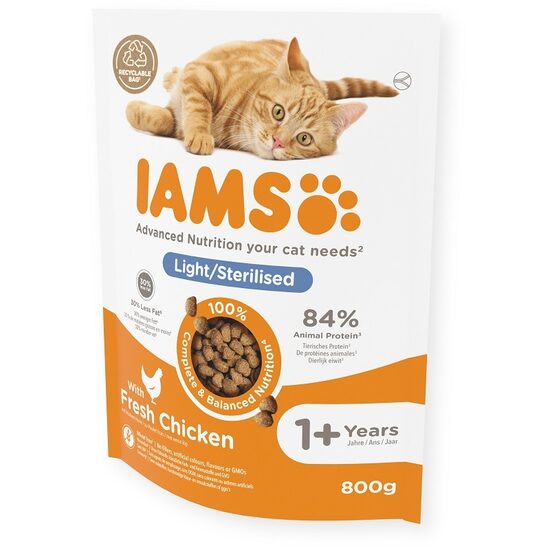  IAMS CAT  ADULT LIGHT/STERILISED CHICKEN, 800 gr - sausā barība ar vistas gaļu sterilizētiem kaķiem