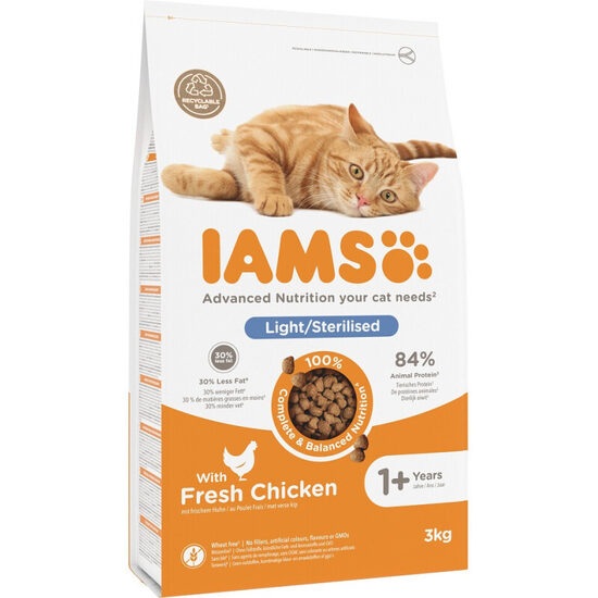  IAMS CAT  ADULT LIGHT/STERILISED CHICKEN 3KG - sausā barība ar vistas gaļu sterilizētiem kaķiem