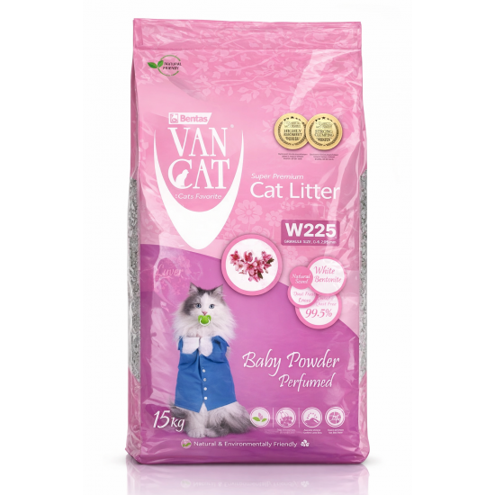Van Cat Baby Powder 15kg - cementējošās smiltis kaķu tualetei ar bērnu pūderi