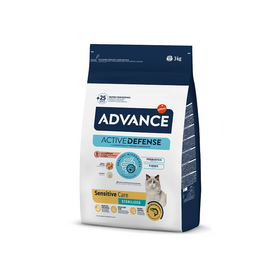 ADVANCE CAT STERILIZED SENSITIVE 3KG - sausā barība pieaugušiem sterilizētiem kaķiem ar jūtīgu gremošanas sistēmu. Ar lasi un rīsiem.