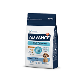 ADVANCE DOG MINI LIGHT 1.5KG - sausa barība pieaugušiem mazo šķirņu suņiem ar tendenci uz lieko svaru un aptaukošanās risku. Ar vistu un rīsiem.