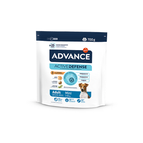 Advance Dog Mini Adult 700g - pilnvērtīga augstās kvalitātes sausā barība mazo šķirņu pieaugušiem suņiem.  Ar vistu un rīsiem
