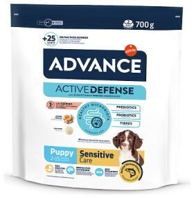 Advance Dog puppy sensitive 700g - sausā barība visu šķirņu kucēniem ar jūtīgo gremošanas sistēmu. Ar lasi un rīsiem.