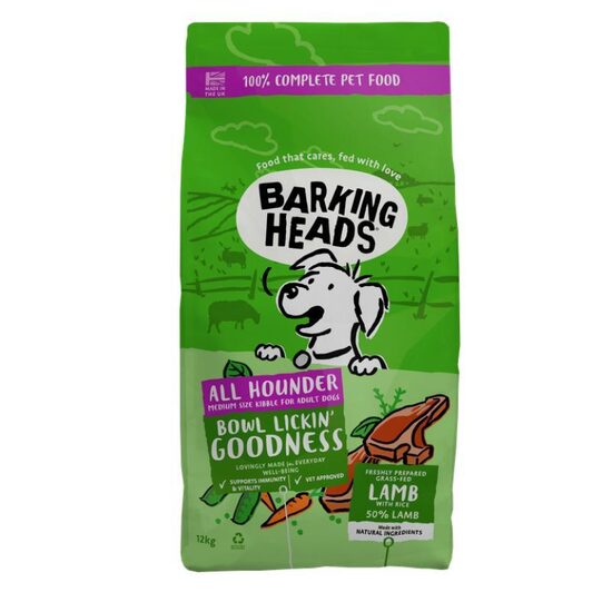 BARKING HEADS Bowl Lickin Goodness 12kg - pilnvērtīga barība visu šķirņu pieaugušiem suņiem ar jēra gaļu