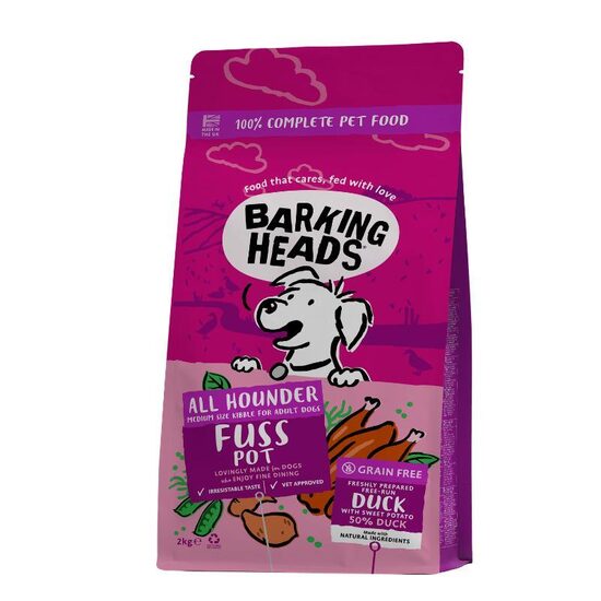 BARKING HEADS Fuss Pot Duck 2kg - pilnvērtīga barība visu šķirņu pieaugušiem suņiem (ar pīli)
