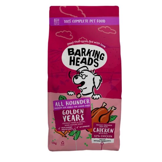BARKING HEADS Golden Years 12kg - pilnvērtīga barība pieaugušiem visu šķirņu suņiem no 7 gadu vecuma ar vistu