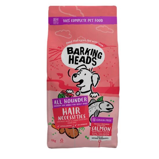 BARKING HEADS Hair Necessities Salmon 12kg - pilnvērtīga barība pieaugušiem visu šķirņu suņiem ar lasi