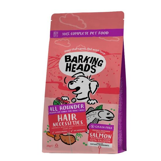 BARKING HEADS Hair Necessities Salmon 2kg - pilnvērtīga barība pieaugušiem visu šķirņu suņiem ar lasi