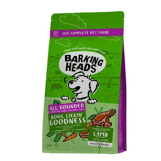 BARKING HEADS Bowl Lickin Goodness 2kg - pilnvērtīga barība visu šķirņu pieaugušiem suņiem ar jēra gaļu