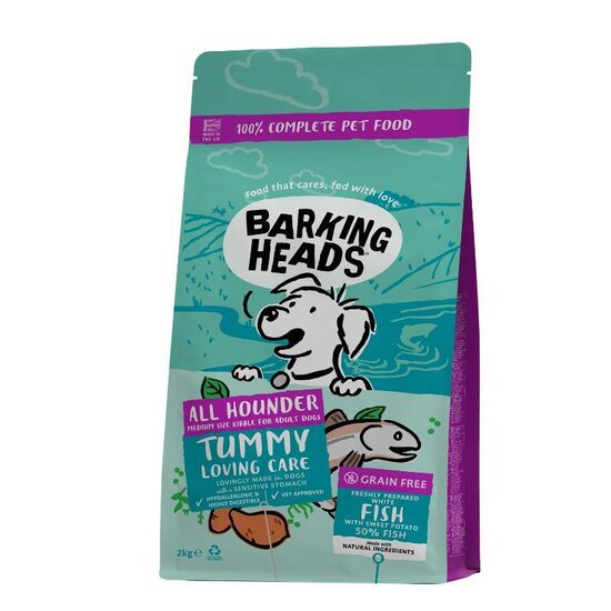 BARKING HEADS Tummy Lovin Care Fish 2kg - pilnvērtīga barība visu šķirņu pieaugušiem suņiem ar balto zivi