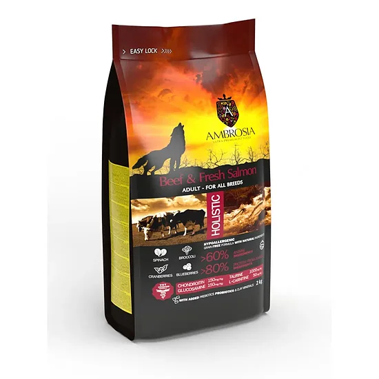 Ambrosia Grain Free Beef & Fresh Salmon Adult All Breeds 2kg - holistiskā bezgraudu barība visu šķirņu suņiem