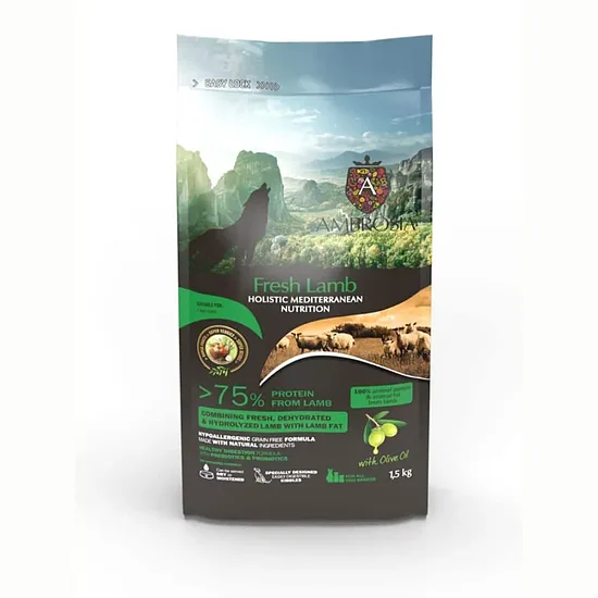 Ambrosia Grain Free Fresh Lamb Holistic Mediterranean nutrition for all breeds 5kg - bezgraudu holistiskā monoproteīna barība visu šķirņu suņiem (jērs)