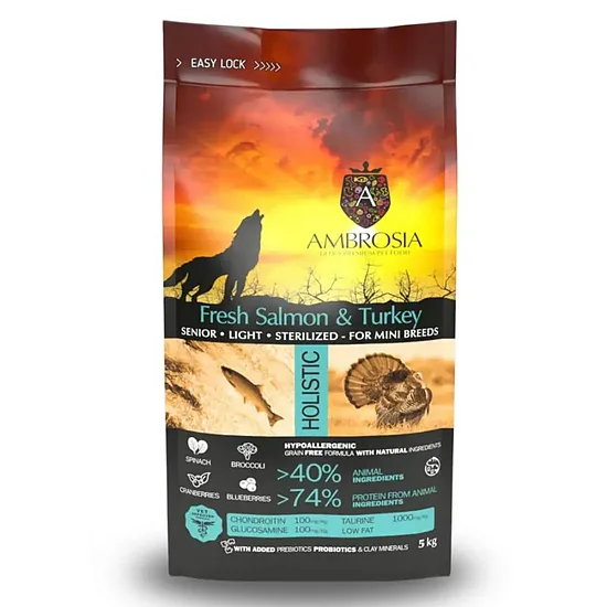 Ambrosia Grain Free Fresh Salmon & Turkey Senior Light Sterilized Mini Breeds 1,5kg - bezgraudu holistiskā barība mazo šķirņu suņiem ar lasi un tītaru