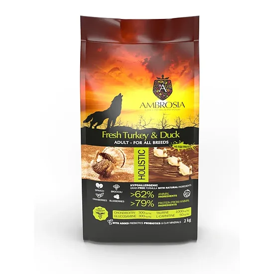 Ambrosia Grain Free Fresh Turkey & Duck For All Breeds 12kg - bezgraudu holistiskā barība visām suņu šķirnēm, ar tītaru un pīli