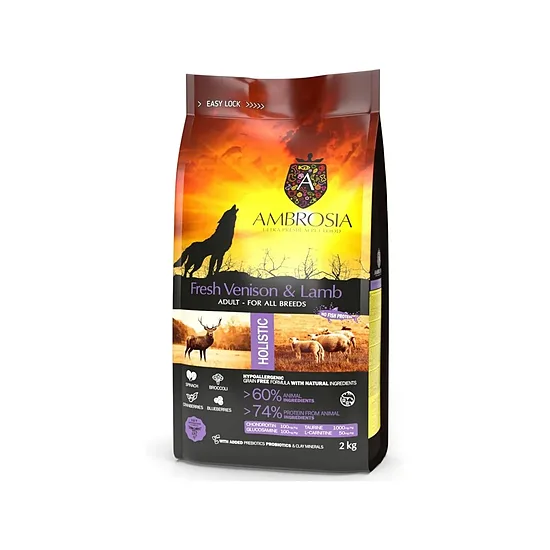 Ambrosia Grain Free Fresh Venison & Lamb Adult All Breeds 2kg - bezgraudu holistiskā barība ar jēra brieža gaļu visu šķirņu suņiem